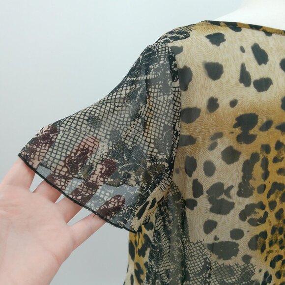 Vtg New York City Design Co Sheer Top Size S Leopard Lace Print Ruffle Tie Front - Picture 10 of 10